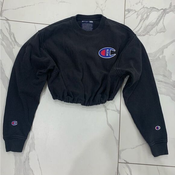 kith X Champion Sweaters - Kith X Champion Women Sweater XS Black Cropped Crew Neck Longsleeve Elastic Hem